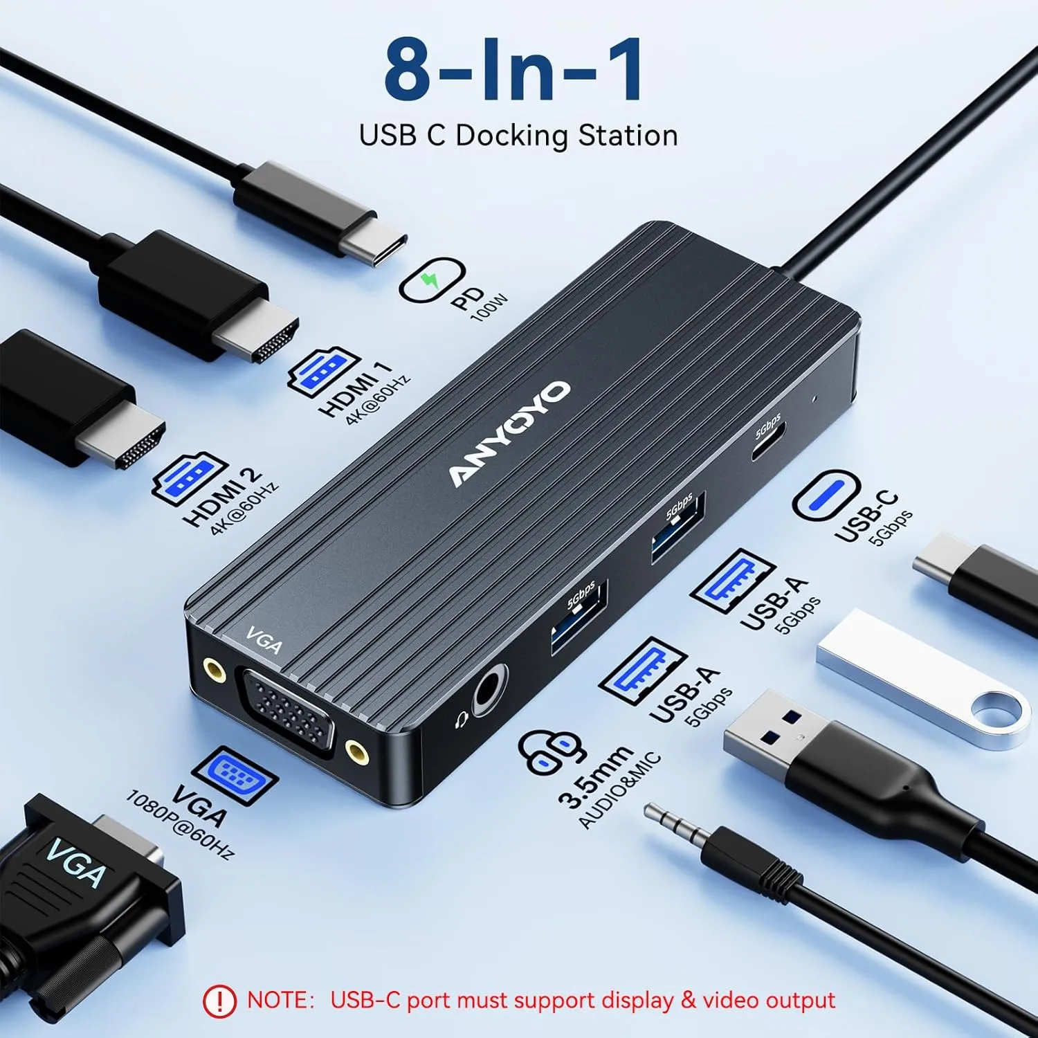 ANYOYO USB C Docking Station Dual Monitor, 8 in 1 USB C HUB 3 Monitors Adapter with Dual HDMI 4K60HZ and VGA 1080P60HZ, 3 * 5Gbps USB-A/C,Support PD100W,Laptop Dock for Dell,Lenovo,HP,Samsung,ASUS