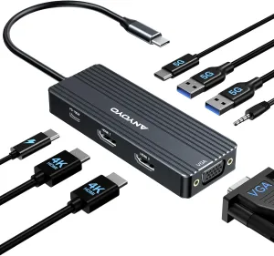 ANYOYO USB C Docking Station Dual Monitor, 8 in 1 USB C HUB 3 Monitors Adapter with Dual HDMI 4K60HZ and VGA 1080P60HZ, 3 * 5Gbps USB-A/C,Support PD100W,Laptop Dock for Dell,Lenovo,HP,Samsung,ASUS