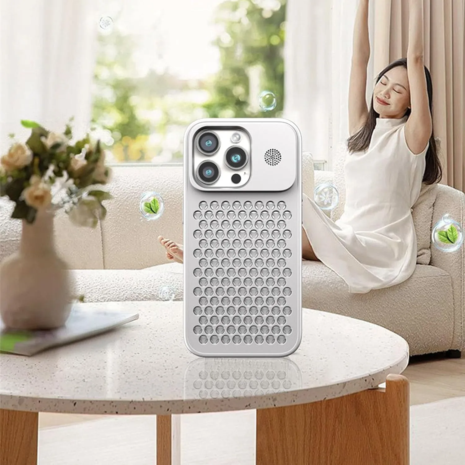 Aromatherapy Spring Buckle Aluminum Alloy Mesh Cooling for iPhone Case for iPhone 16 15 14 13 12 Case (16PLUS,Blue)