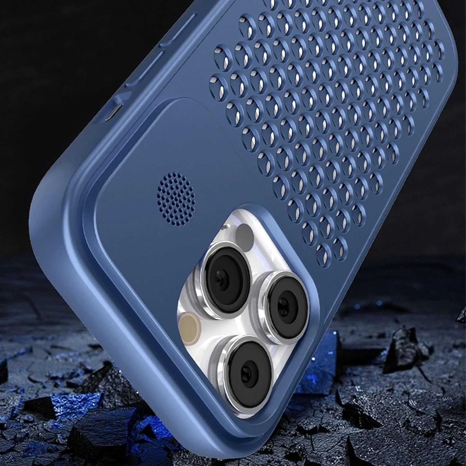 Aromatherapy Spring Buckle Aluminum Alloy Mesh Cooling for iPhone Case for iPhone 16 15 14 13 12 Case (16PLUS,Blue)