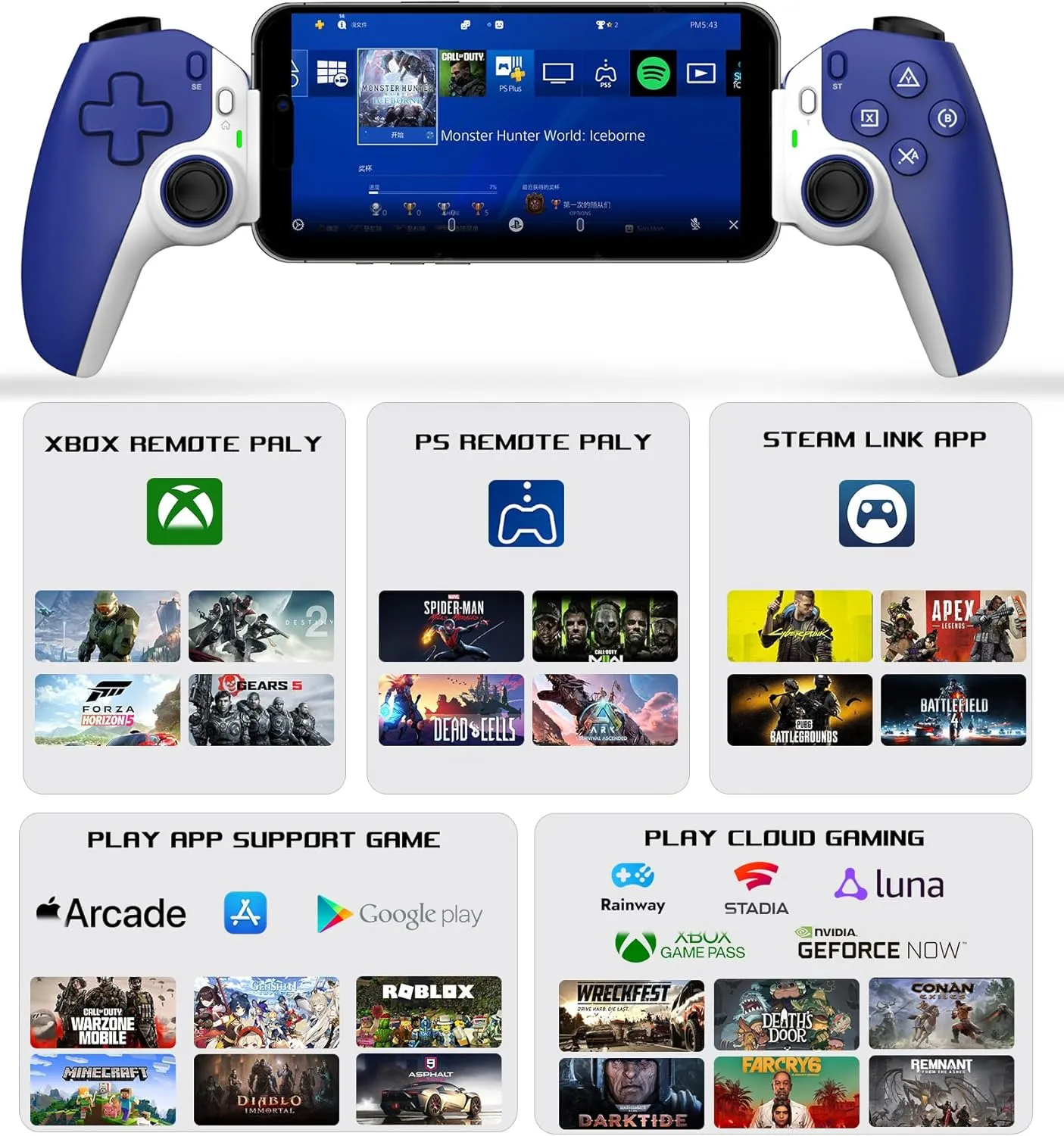 arVin Mobile Game Controller for iPad/iPhone/Android/Tablet/Switch/PS4/PC, Replacement for PS Portal, Wireless Gamepad with Hall Effect Joystick & Trigger/Back Key/Turbo/Support Streaming/Cloud Gaming