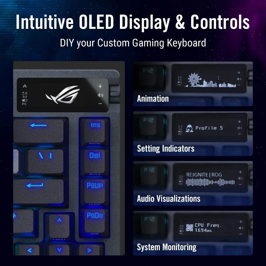 ASUS ROG Azoth 75 Wireless DIY Custom Gaming Keyboard, OLED Display, Gasket-Mount, Three-Layer Dampening, Hot-Swappable Pre-lubed ROG NX Snow Switches & Keyboard Stabilizers, PBT Keycaps, RGB