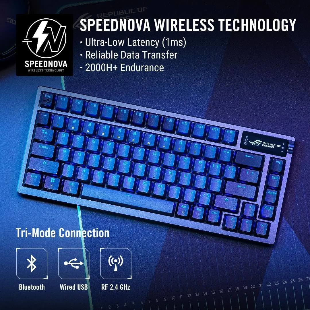 ASUS ROG Azoth 75 Wireless DIY Custom Gaming Keyboard, OLED Display, Gasket-Mount, Three-Layer Dampening, Hot-Swappable Pre-lubed ROG NX Snow Switches & Keyboard Stabilizers, PBT Keycaps, RGB