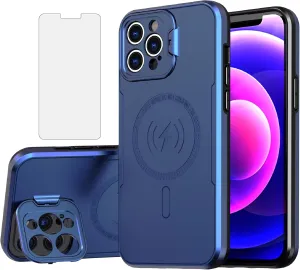 Asuwish Phone Case for iPhone 12 Pro 6.1 with Magsafe Tempered Glass Screen Protector and Stand Slim Cell Cover Hard Hybrid Mobile Accessories iPhone12pro 5G i 12s iPhone12 12pro Women Men Blue