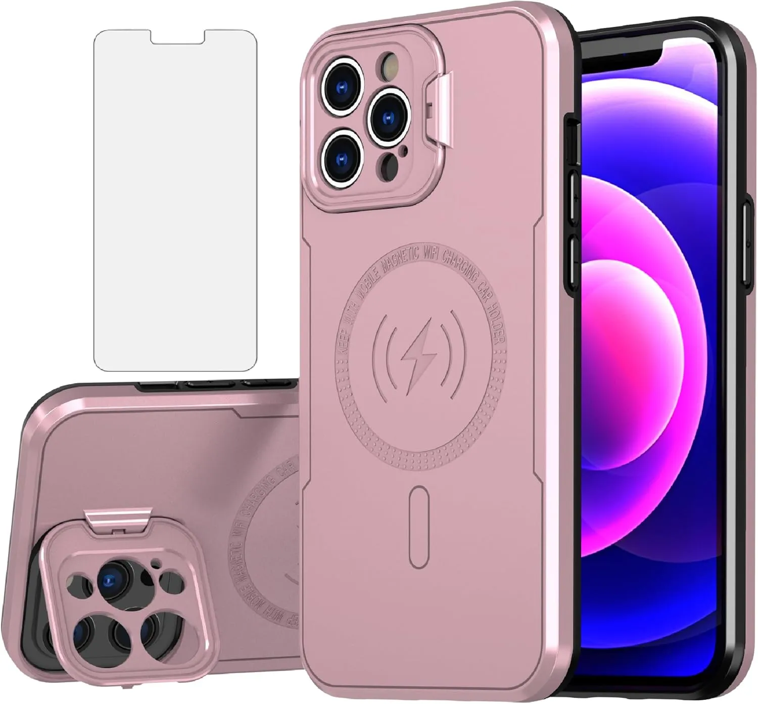Asuwish Phone Case for iPhone 12 Pro 6.1 with Magsafe Tempered Glass Screen Protector and Stand Slim Cell Cover Hard Hybrid Mobile Accessories iPhone12pro 5G i 12s iPhone12 12pro Women Men Rose Gold