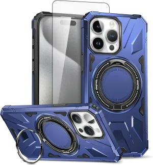 Asuwish Phone Case for iPhone 15 Pro Max 6.7 inch with Screen Protector Magnetic Rugged Stand Heavy Duty Hybrid Protective Cell Cover iPhone15promax 5G i Phone15Max Plus iPhone15 ProMax Blue