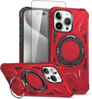 Asuwish Phone Case for iPhone 15 Pro Max 6.7 inch with Screen Protector Magnetic Rugged Stand Heavy Duty Hybrid Protective Cell Cover iPhone15promax 5G i Phone15Max Plus iPhone15 ProMax Red