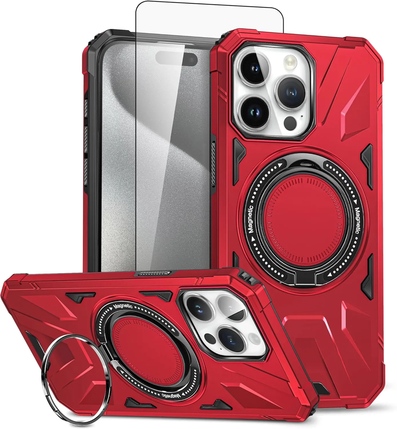 Asuwish Phone Case for iPhone 15 Pro Max 6.7 inch with Screen Protector Magnetic Rugged Stand Heavy Duty Hybrid Protective Cell Cover iPhone15promax 5G i Phone15Max Plus iPhone15 ProMax Red