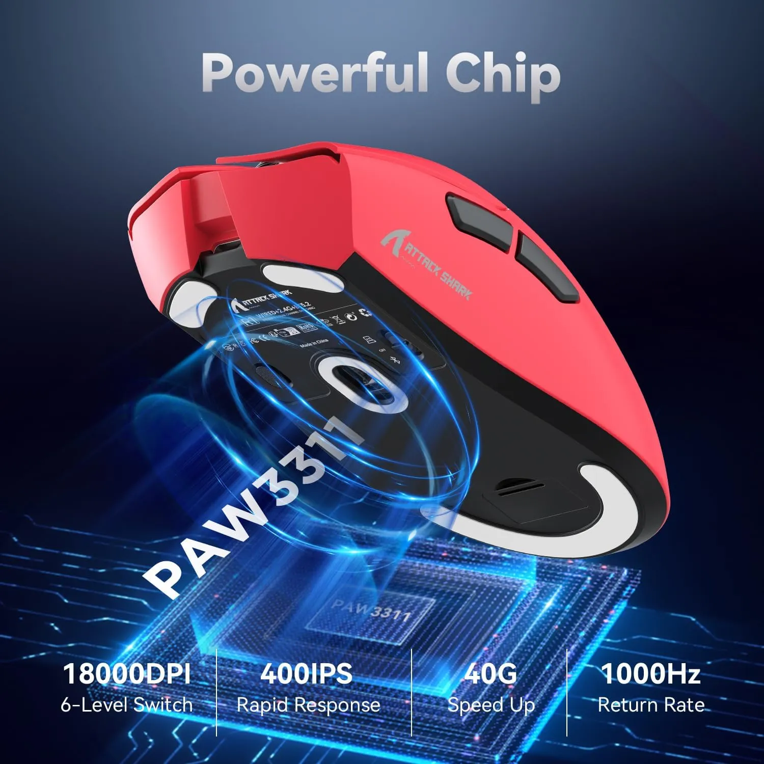 Attack Shark R1 Wireless Gaming Mouse,PAW3311 Optical Sensor 18K DPI,59g Ultralight 2.4Ghz/BT/Wired Computer Mice for Win/Mac - Red