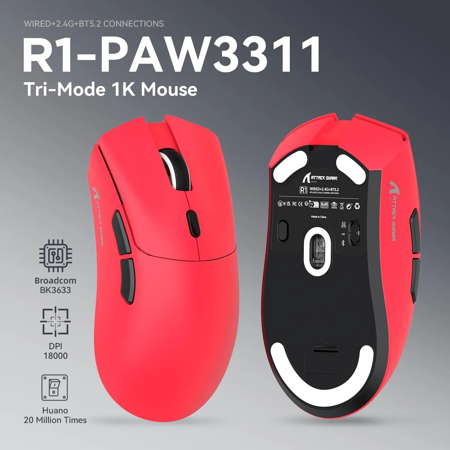 Attack Shark R1 Wireless Gaming Mouse,PAW3311 Optical Sensor 18K DPI,59g Ultralight 2.4Ghz/BT/Wired Computer Mice for Win/Mac - Red