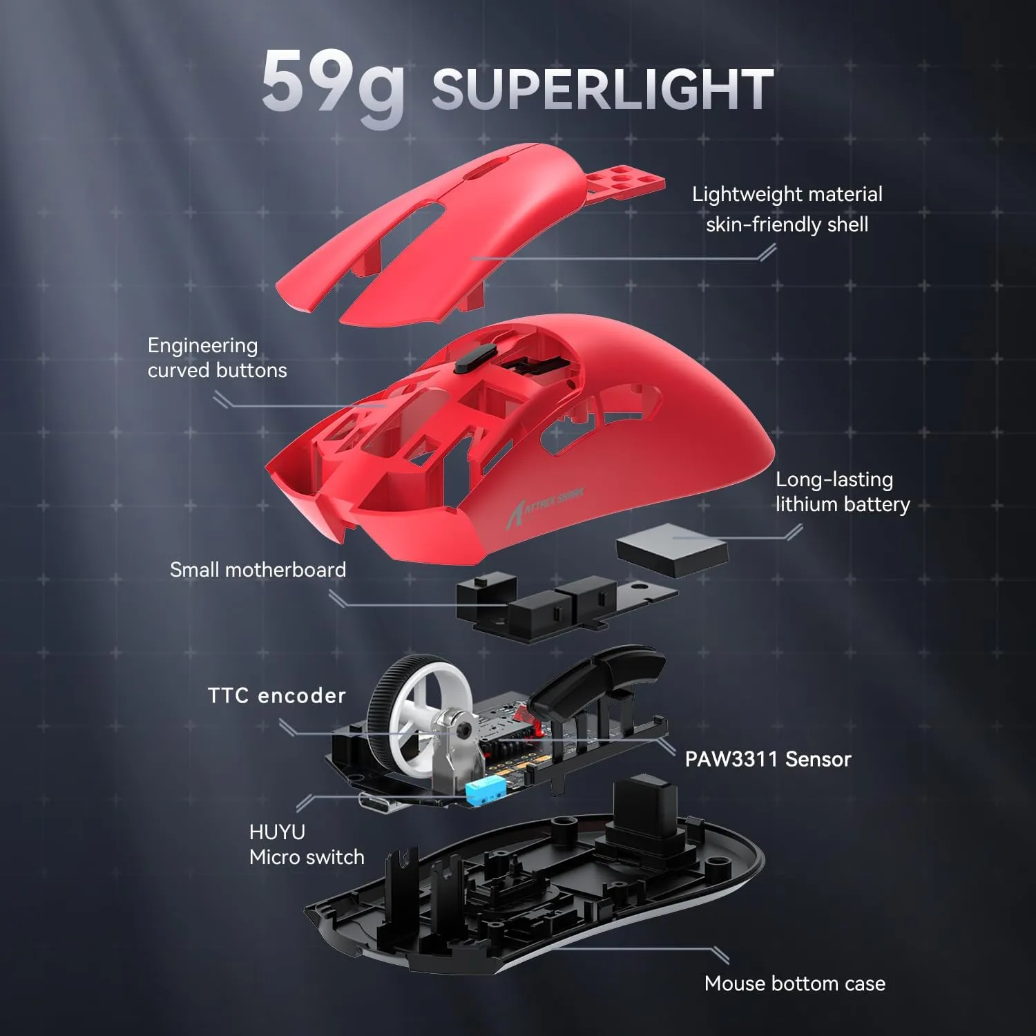 Attack Shark R1 Wireless Gaming Mouse,PAW3311 Optical Sensor 18K DPI,59g Ultralight 2.4Ghz/BT/Wired Computer Mice for Win/Mac - Red