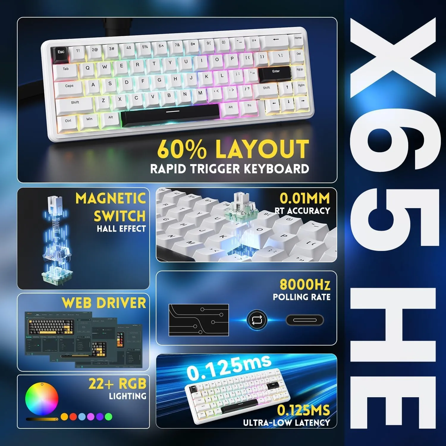 ATTACK SHARK X65 HE 60% Wired Mechanical Gaming Keyboard - Hall Effect Magnetic Switches,0.01mm Rapid Trigger,Adjustable Actuation, 8KHz Polling Rate,Hot-Swappable RGB,PBT Keycaps & Coiled Cable-White