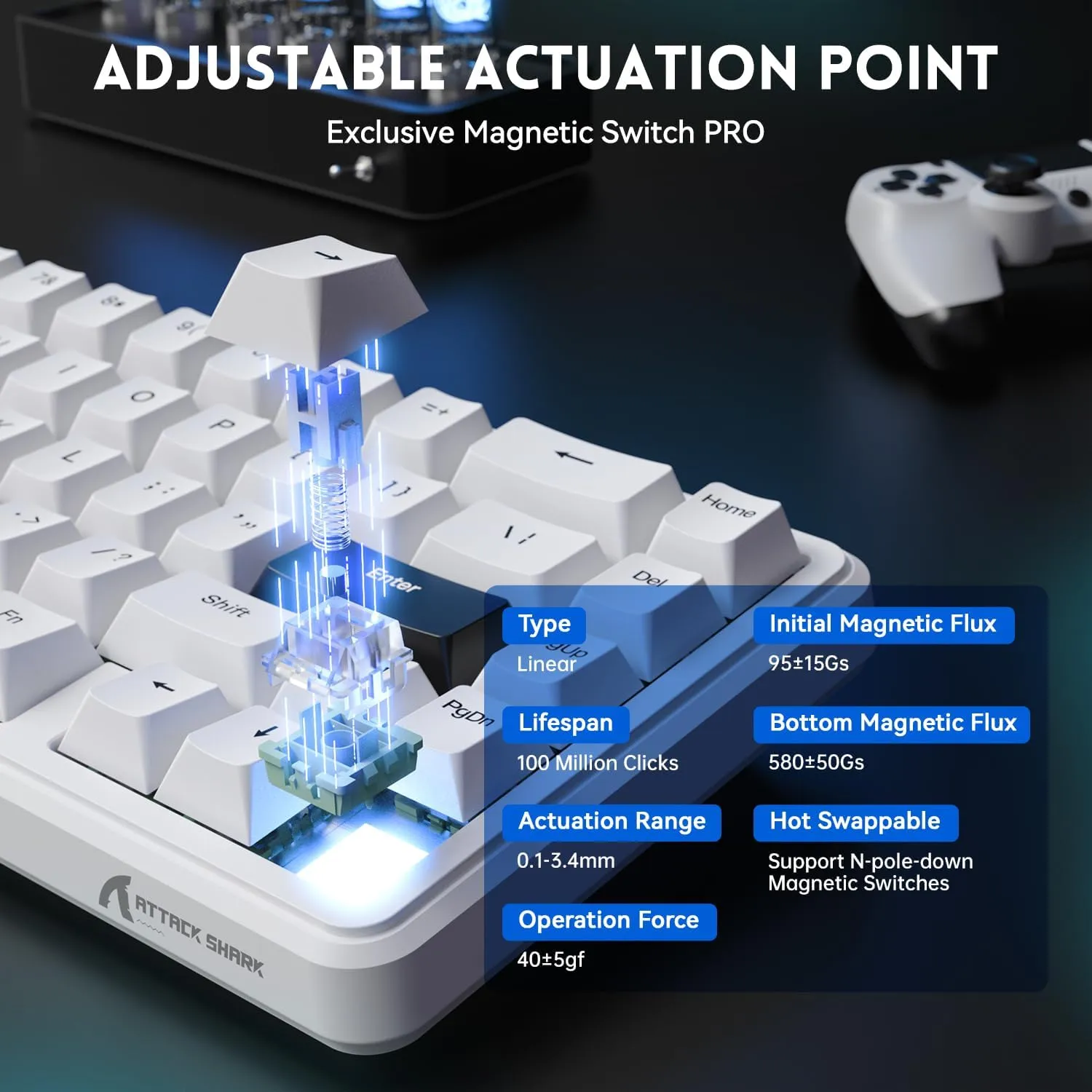 ATTACK SHARK X65 HE 60% Wired Mechanical Gaming Keyboard - Hall Effect Magnetic Switches,0.01mm Rapid Trigger,Adjustable Actuation, 8KHz Polling Rate,Hot-Swappable RGB,PBT Keycaps & Coiled Cable-White