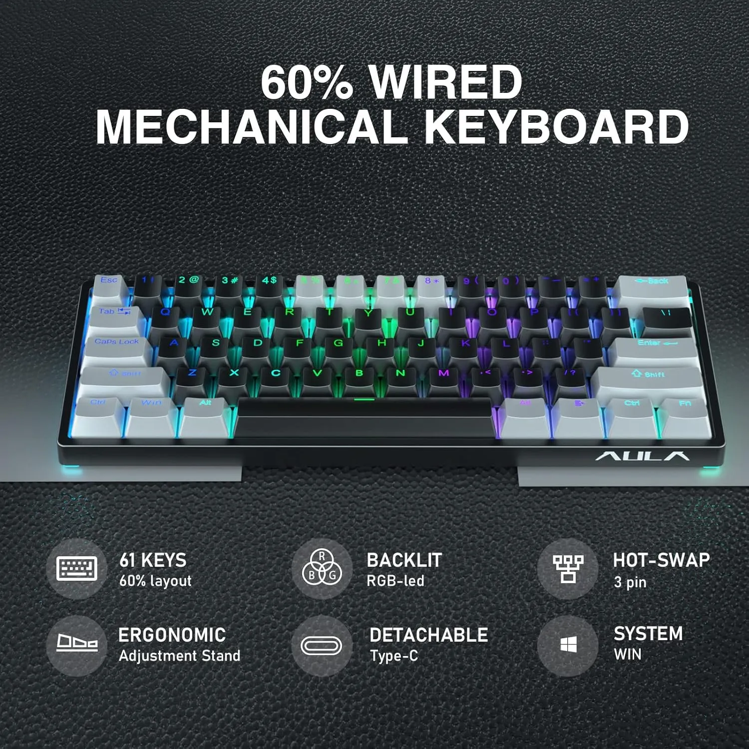 AULA 60 Percent Wired Mechanical Gaming Keyboard, 29 RGB Backlit Custom Hot Swappable Keyboards, Blue Switch 60% Mini Small Compact Design for PC/Mac/Laptop/Wins(Wired Version)