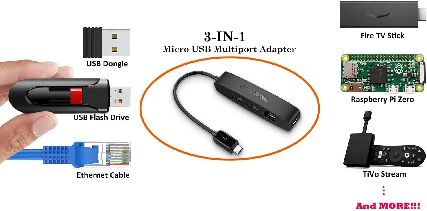 AuviPal 3-in-1 Micro USB Ethernet Adapter, OTG Hub with 2 USB Ports and 1 RJ45 Port for Fire TV Stick, Raspberry Pi Zero, Google Chromecast Ultra, and TiVo Stream 4K - Black