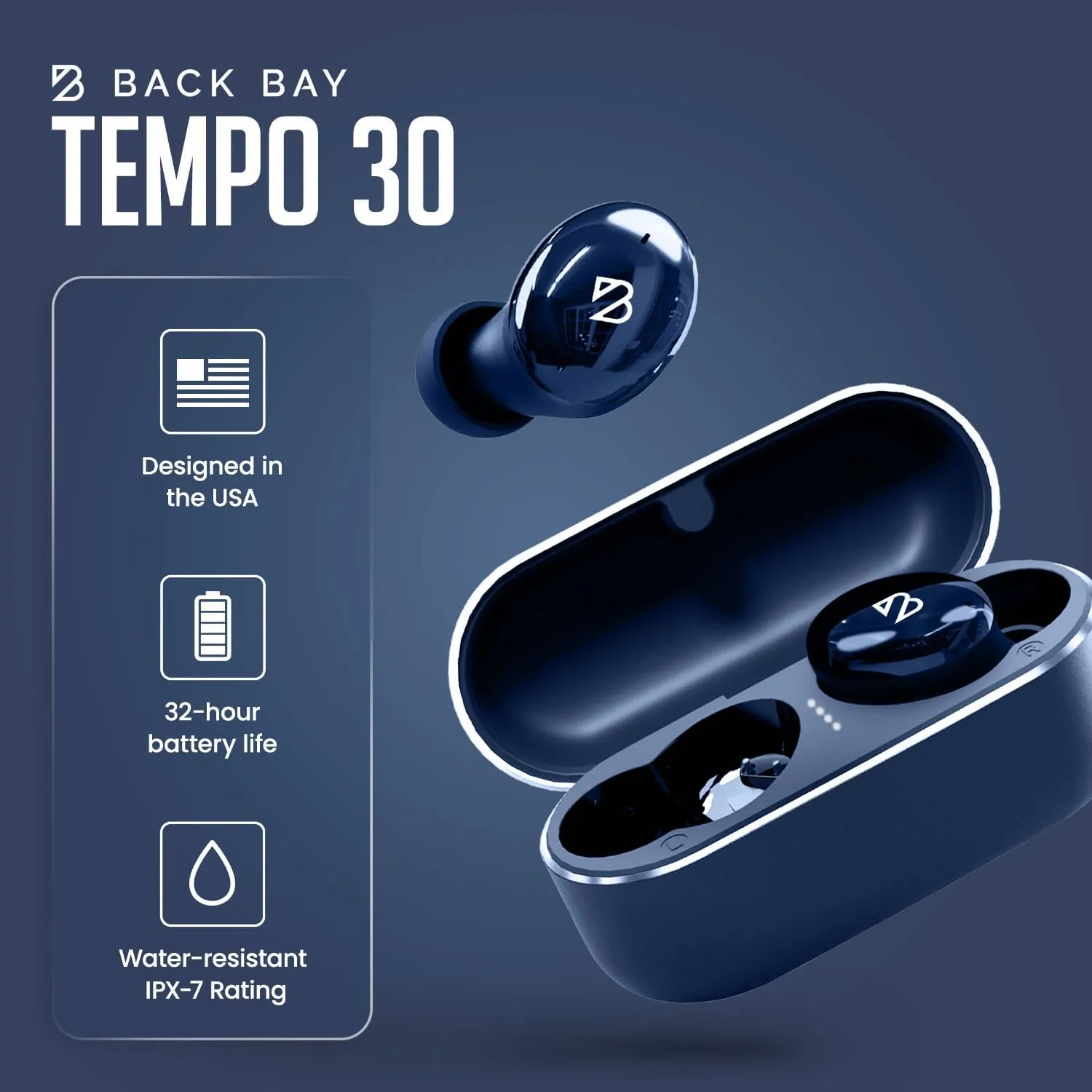 Back Bay Audio Tempo 30 Wireless Earbuds for Small Ears - Award-Winning Sound, Sweatproof Bluetooth Earbuds, Comfortable Ear Buds for Women, Navy Earphones for Small Ear Canals, Long Battery Headphone