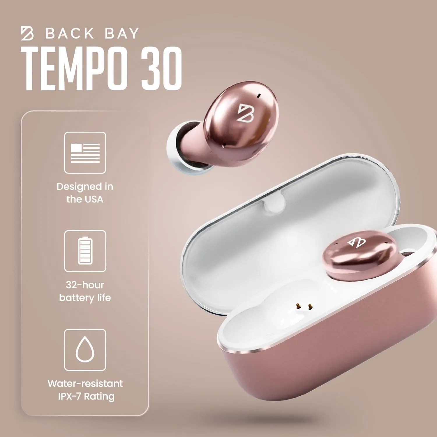 Back Bay Audio Tempo 30 Wireless Earbuds for Small Ears - Award-Winning Sound, Sweatproof Bluetooth Earbuds, Comfortable Ear Buds for Women, Pink Earphones Small Ear Canals, Long Battery Headphones