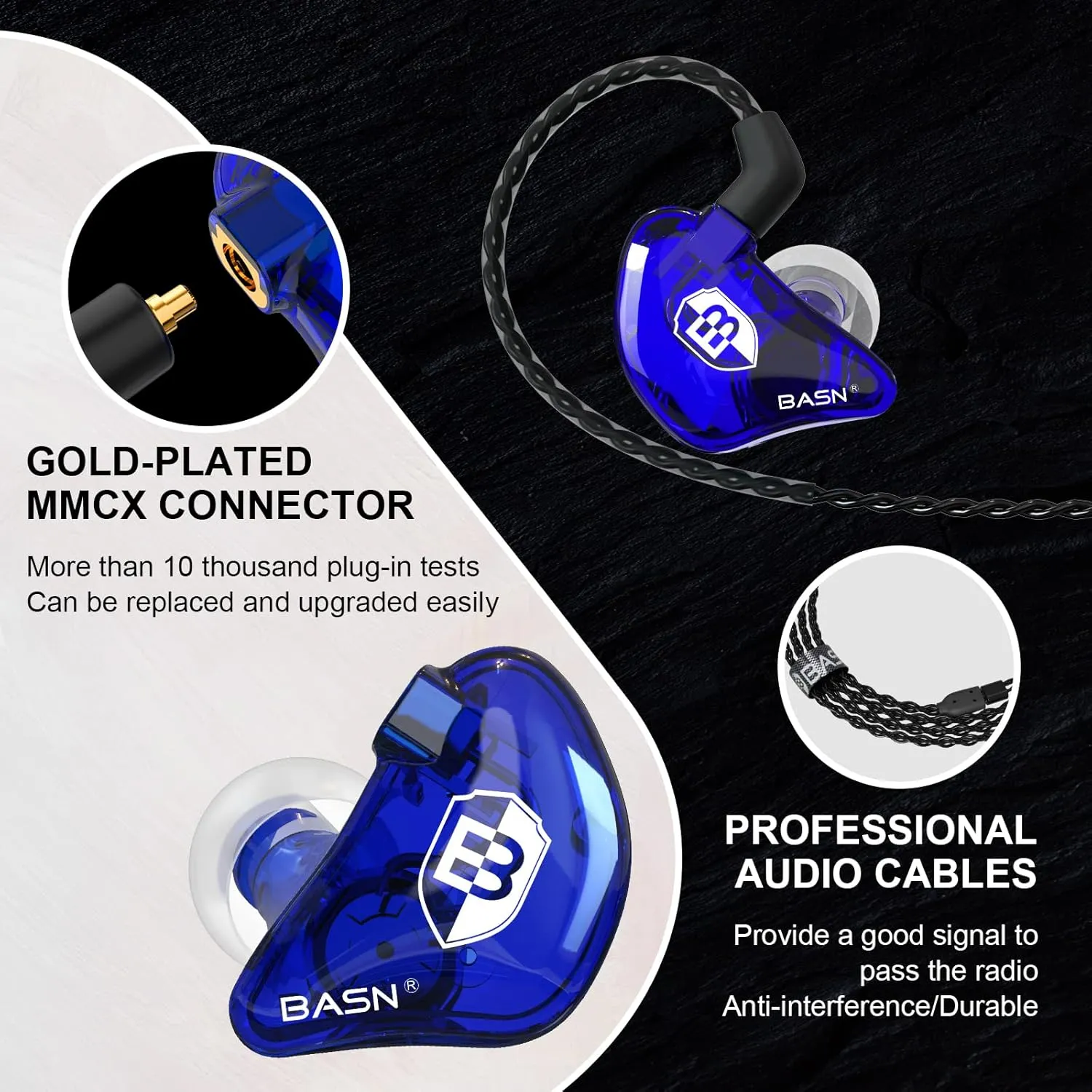 BASN in Ear Monitor Headphones for Musicians Audiophiles Drummers, Bsinger Pro Noise Isolating Earbuds with Dual Driver Dynamic Crystal Clear Sound (Pro Clear Blue)