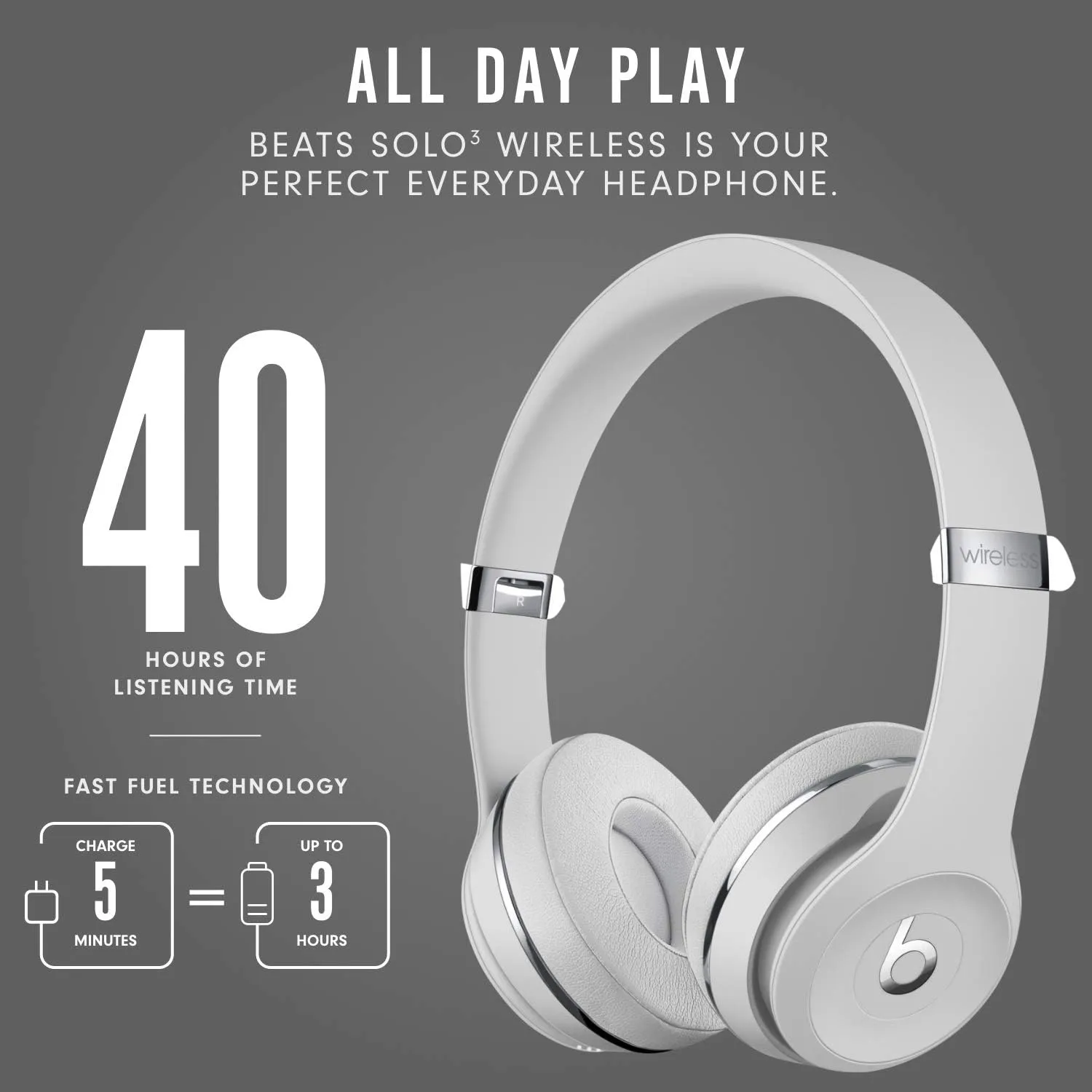 Beats Solo3 Wireless On-Ear Headphones - Apple W1 Headphone Chip, Class 1 Bluetooth, 40 Hours of Listening Time, Built-in Microphone - Satin Silver (Latest Model)