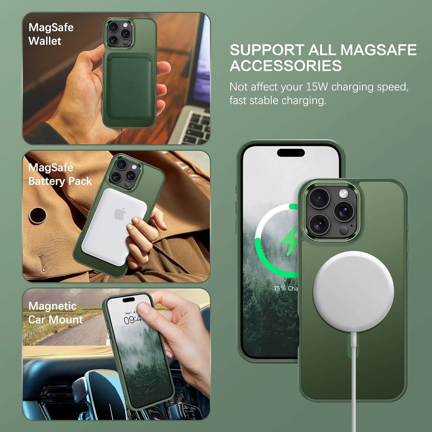 BENTOBEN for iPhone 16 Pro Case [Compatible with Magsafe] Magnetic Matte Phone Case iPhone 16 Pro Translucent Slim Thin Shockproof Women Men Protective Cover Cases for iPhone 16 Pro 6.3", Forest Green