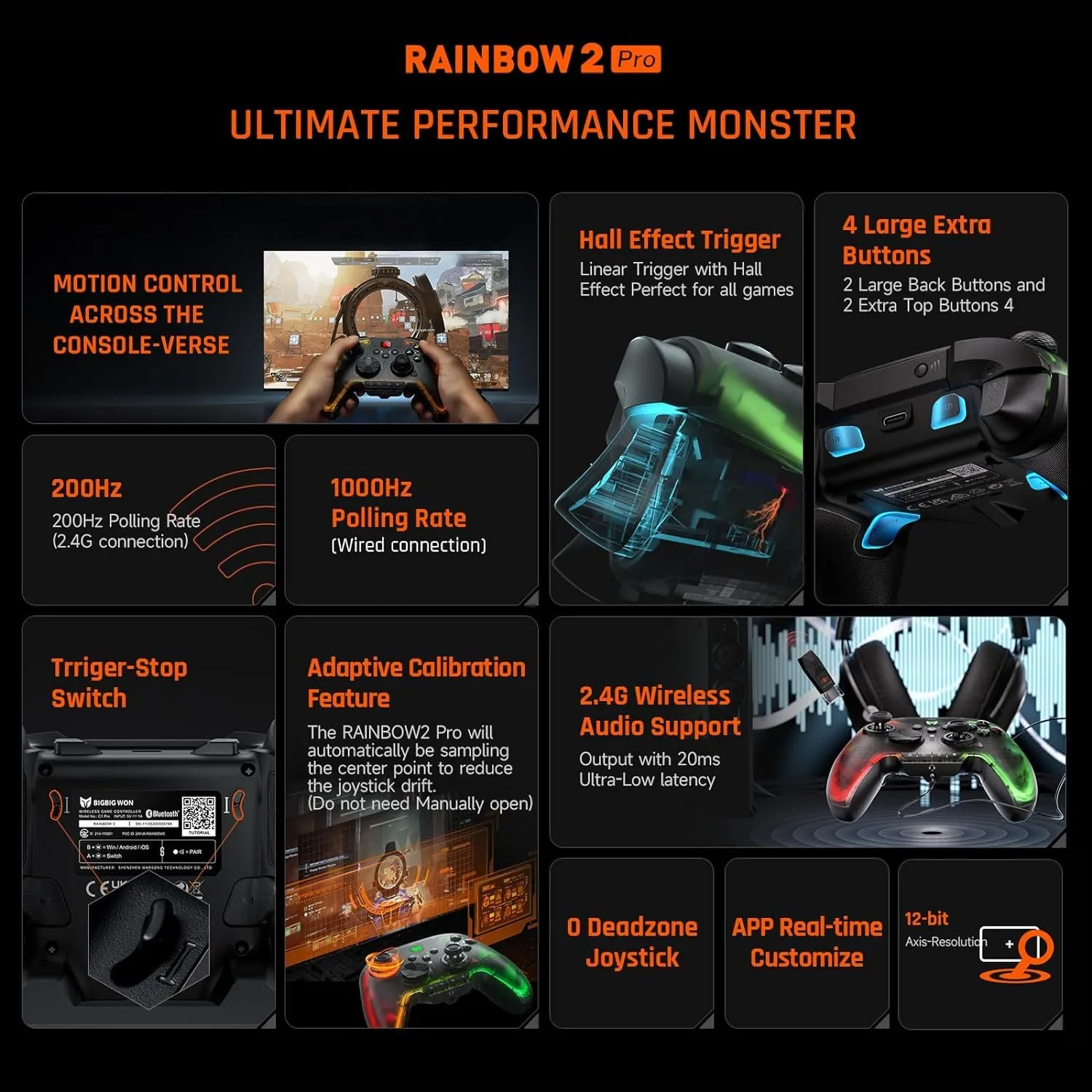 BIGBIG WON Wireless Controller Rainbow 2 Pro RGB PC 6-axis Gyro Sensor Controller Motion Aiming, Hall Effect Trigger, ALPS Joystick, 3.5mm Audio, Gamepads APP for Android/iOS/PC Windows10&11/Switch