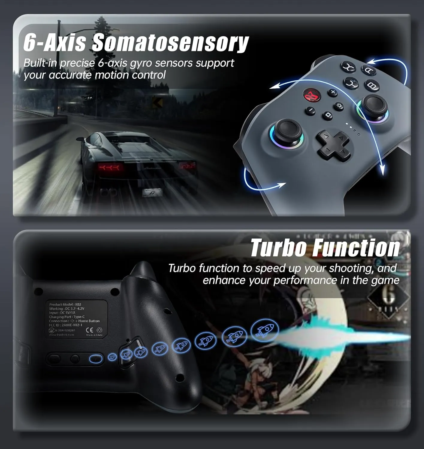 BINBOKPLAY Switch Controller, Wireless Switch Pro Gamepad with No-Dead Zone, 8 Colors LED, ALPS Joysticks, Programmable, Motion Control, Vibration, Turbo, Wake Up