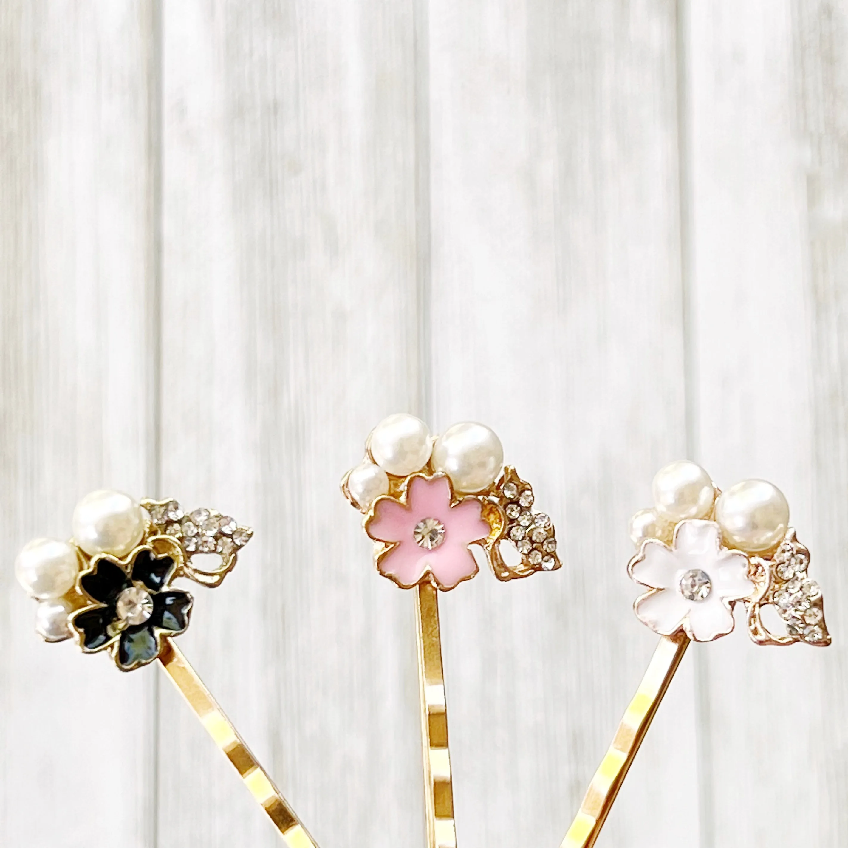 Black, White & Pink Enamel and Rhinestone Flower Hair Pins Set of 3 - Elegant and Versatile Hair Accessories