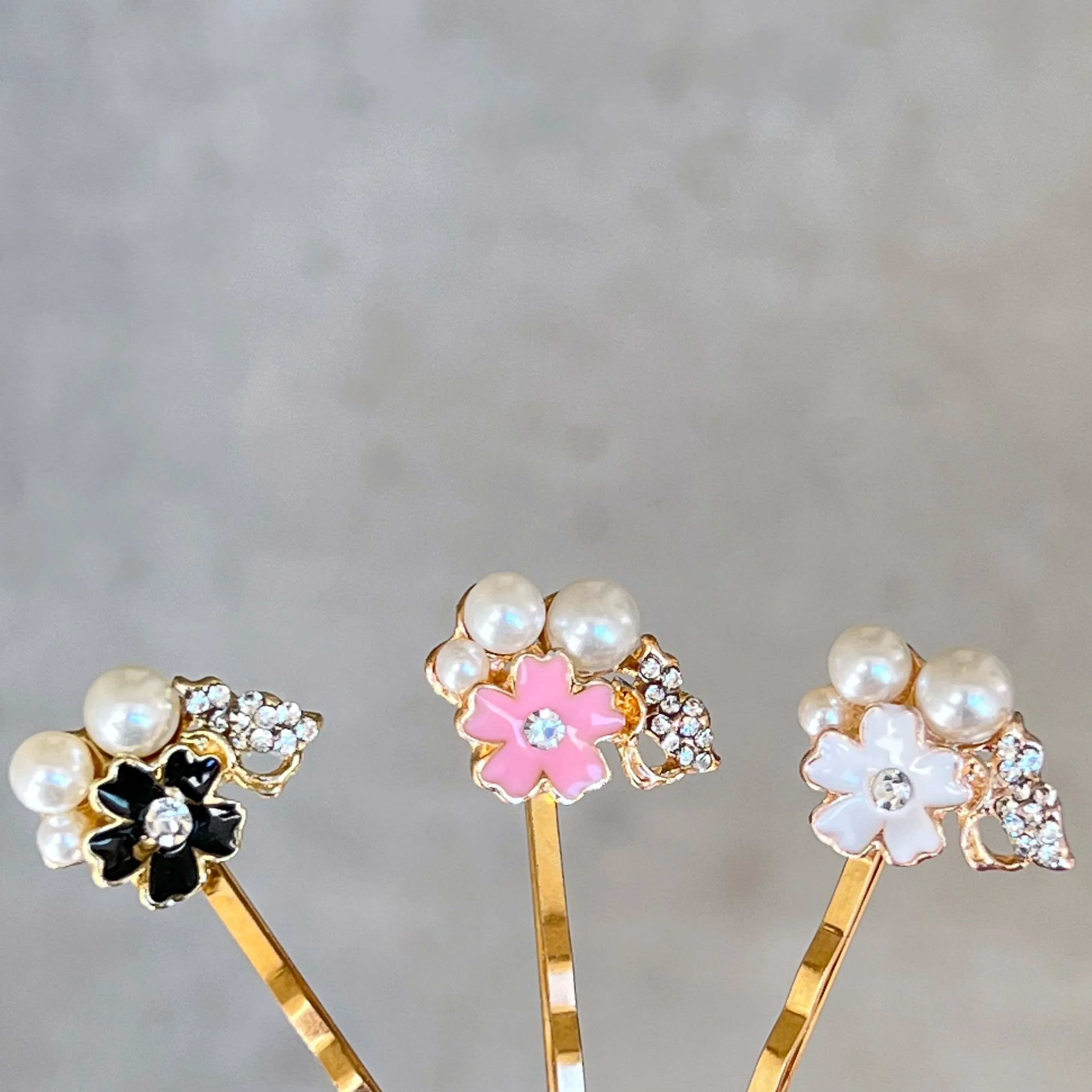 Black, White & Pink Enamel and Rhinestone Flower Hair Pins Set of 3 - Elegant and Versatile Hair Accessories