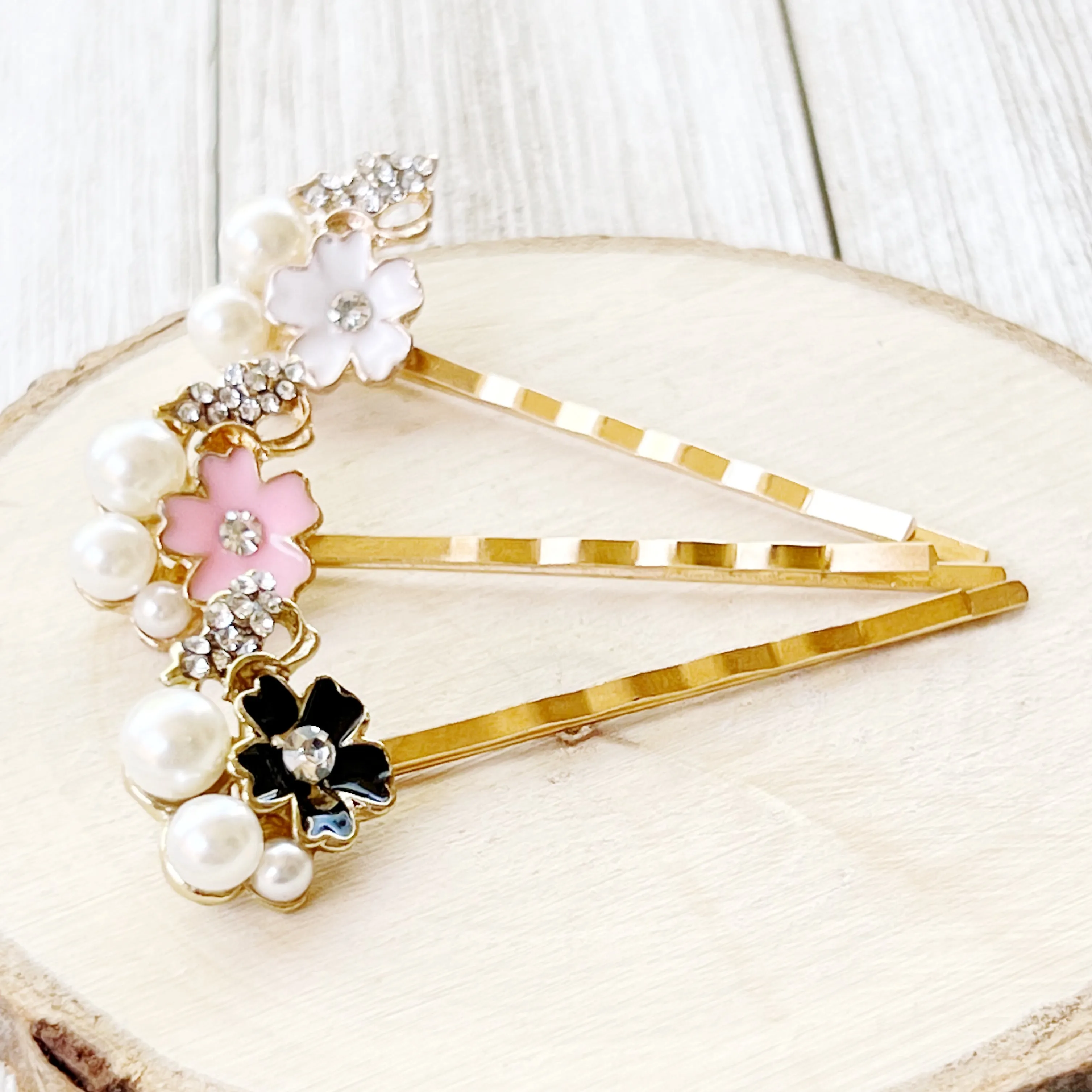 Black, White & Pink Enamel and Rhinestone Flower Hair Pins Set of 3 - Elegant and Versatile Hair Accessories
