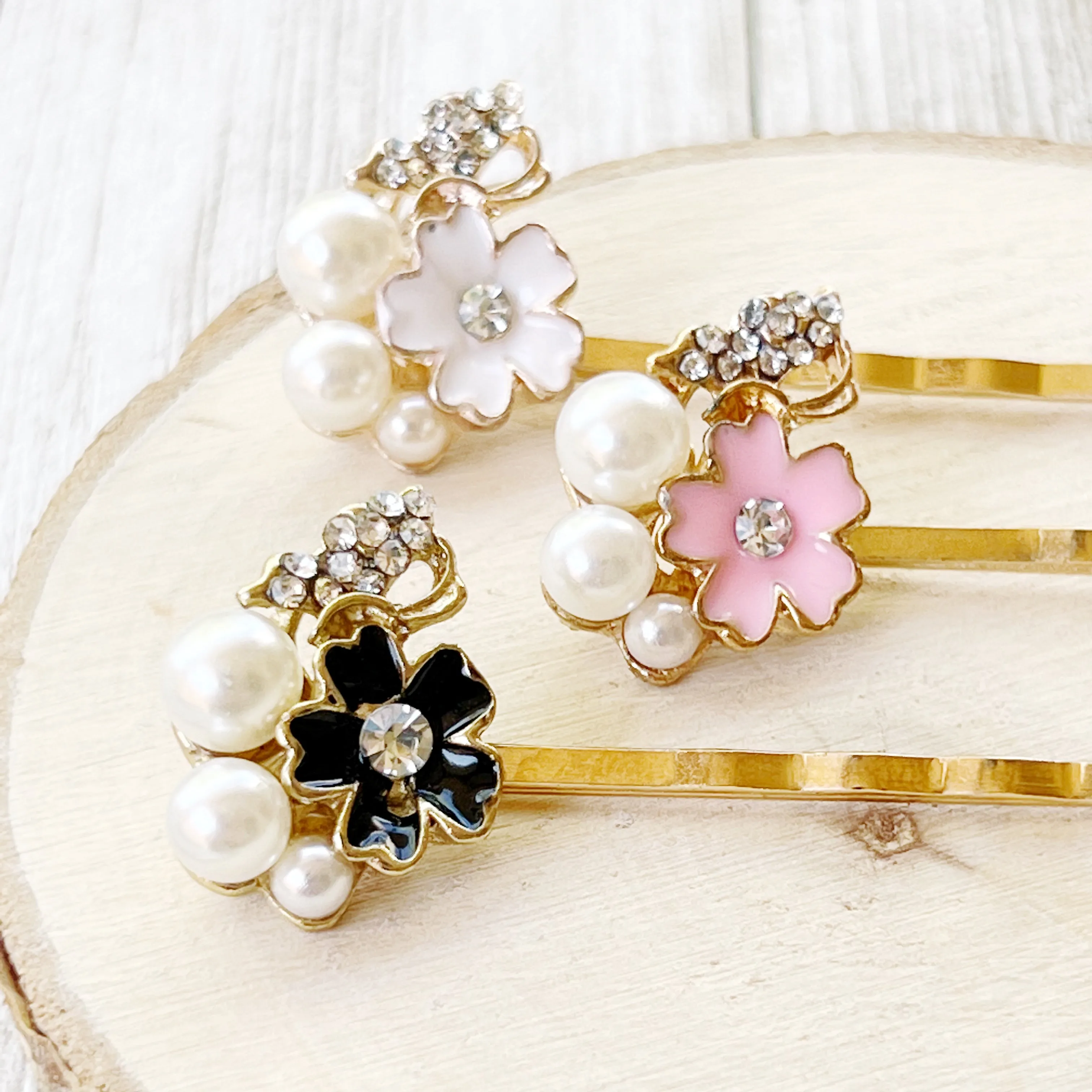 Black, White & Pink Enamel and Rhinestone Flower Hair Pins Set of 3 - Elegant and Versatile Hair Accessories