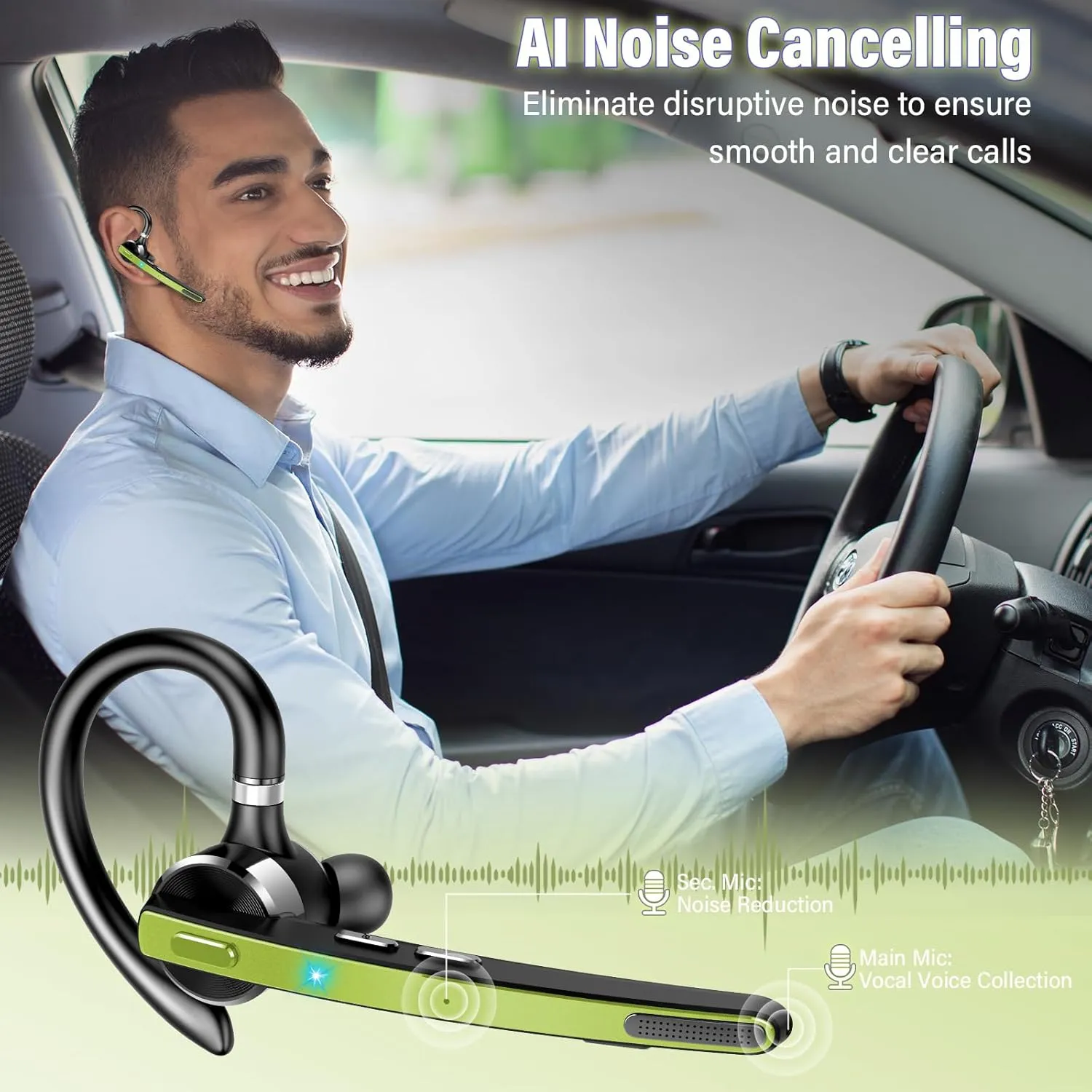 Bluetooth 5.3 Headset, Single-Ear Wireless Earpiece, 90Hrs Dual Noise Cancelling Mics, IPX7 Waterproof, Hands Free Headset with APTX HD Audio & Mute Button for Trucker/Office/Business/Yellow