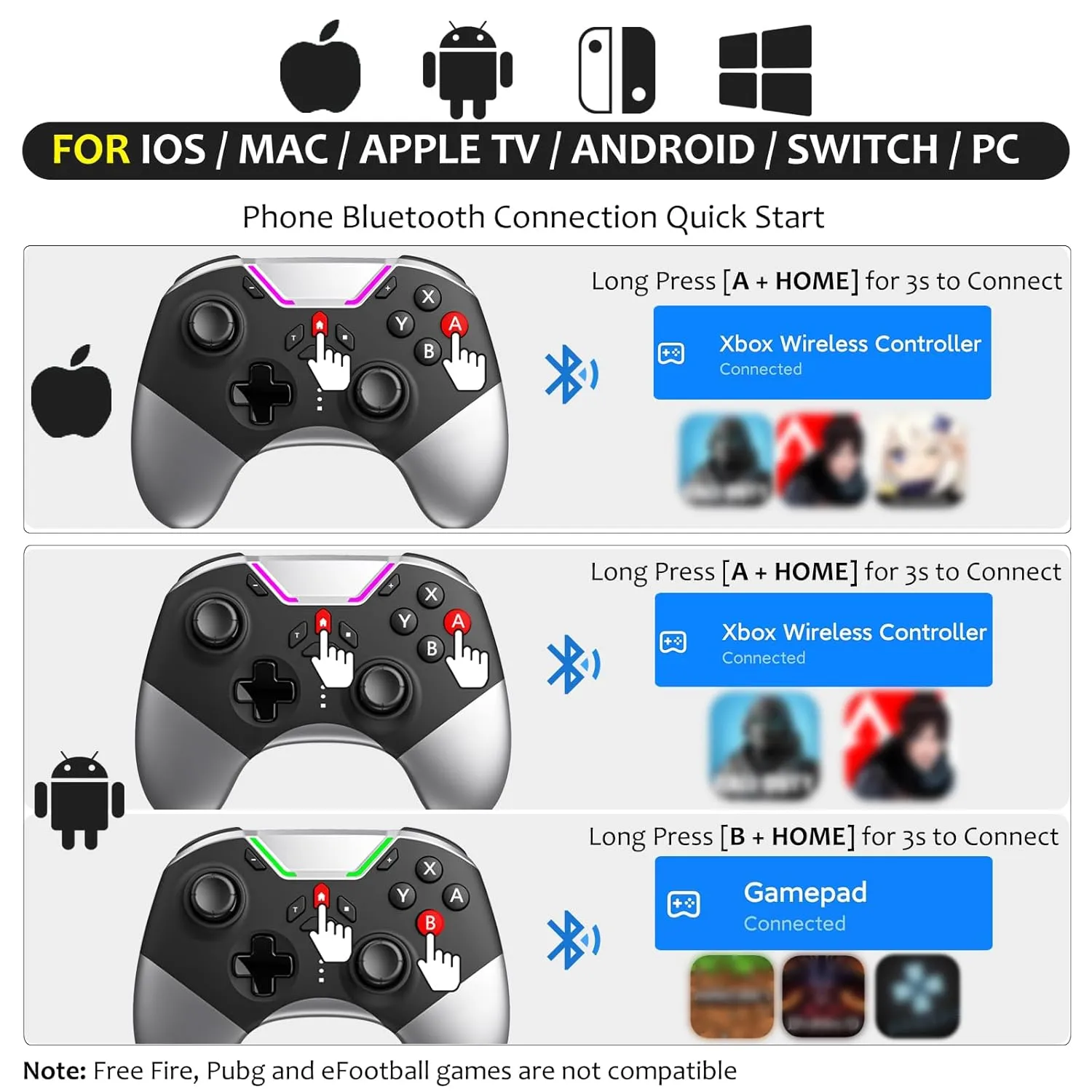 Bluetooth Controller for Switch/PC/iPhone/Android/Apple Arcade MFi Games/TV/Steam, Hall Effect Joysticks Wireless Game Controller Gamepad with/Phone Clip/Lock Speed/Macro/6-Axis Gyro/Dual Motors/Turbo