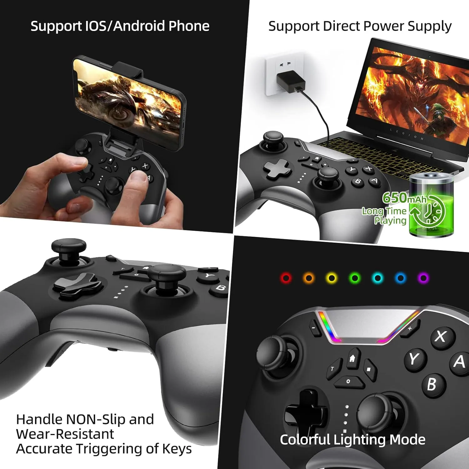 Bluetooth Controller for Switch/PC/iPhone/Android/Apple Arcade MFi Games/TV/Steam, Hall Effect Joysticks Wireless Game Controller Gamepad with/Phone Clip/Lock Speed/Macro/6-Axis Gyro/Dual Motors/Turbo