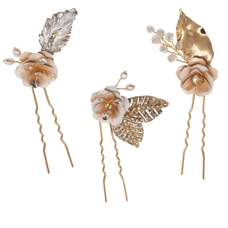 Blush Pink Floral Bridal Hair Pins with Crystals, 6089