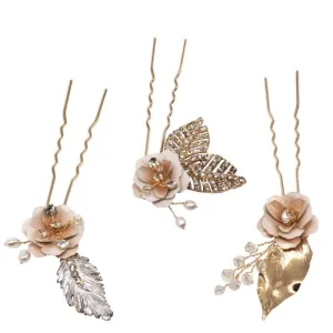 Blush Pink Floral Bridal Hair Pins with Crystals, 6089