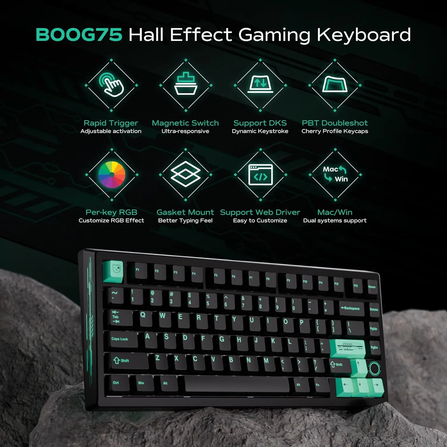 BOOG75 75% Gaming Keyboard with GATERON KS-37B Magnetic Switches, Rapid Trigger Toggle Hall Effect Keyboard, Hot Swappable, Gasket Mount Wired Custom Aluminum HE Key Board for Laptop PC (Black)