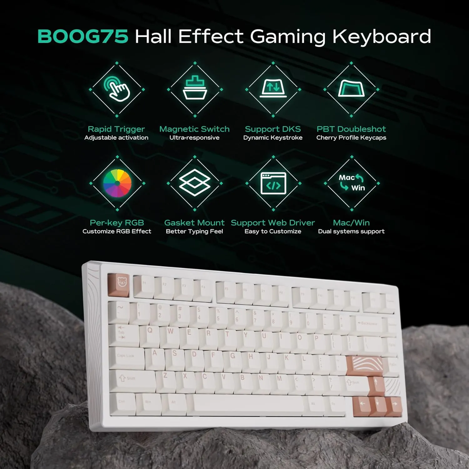BOOG75 75% Gaming Keyboard with GATERON KS-37B Magnetic Switches, Rapid Trigger Toggle Hall Effect Keyboard, Hot Swappable, Gasket Mount Wired Custom Aluminum HE Key Board for Laptop PC (White)