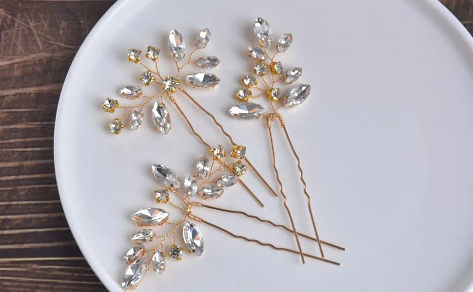 Bridal Hair Accessories, Beusoulover 3pcs Crystal Wedding Hair Pieces, Handmade Rhinestone Bridal Hair Pin for Women, Girls, Bridesmaids (Silver) (Style A Gold)
