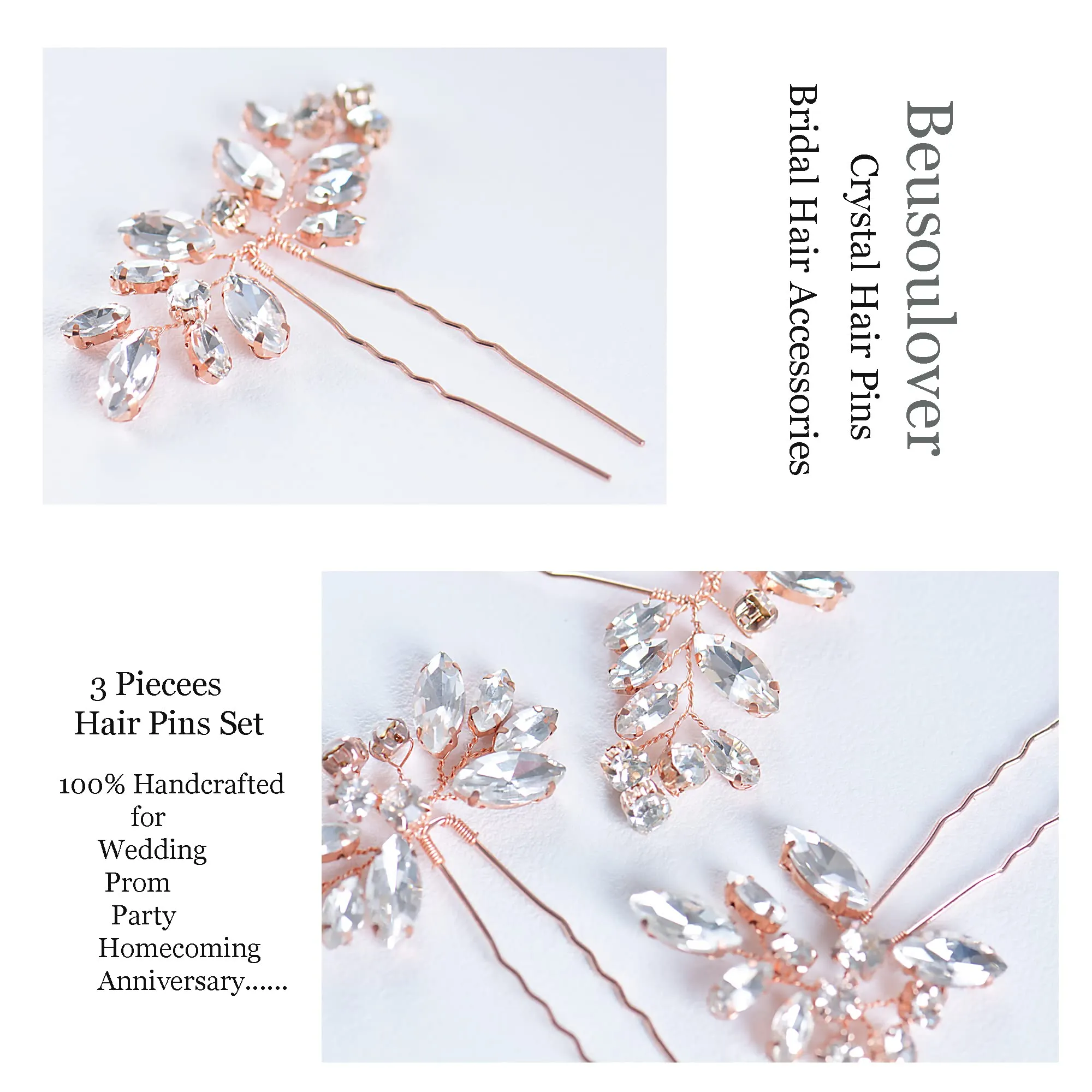 Bridal Hair Accessories, Beusoulover 3pcs Crystal Wedding Hair Pieces, Handmade Rhinestone Bridal Hair Pin for Women, Girls, Bridesmaids (Silver) (Style A Gold)