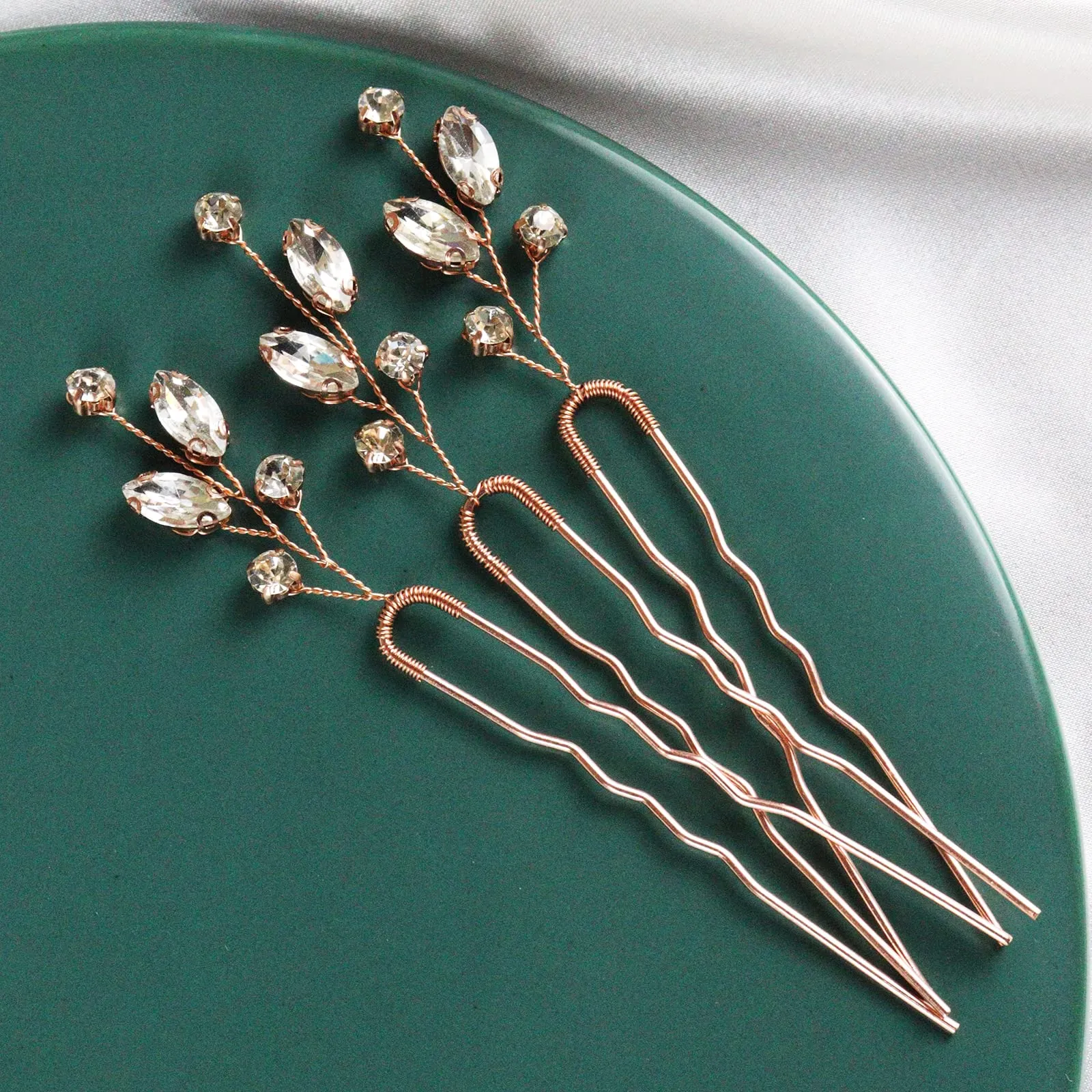 Brihasory Wedding Hair Accessories for Women Bridesmaid Gifts Emerald Green Gold Hair Pins Bridal Hair Clip 3PCS Prom Hair Accessory for Girls (Rose Gold)