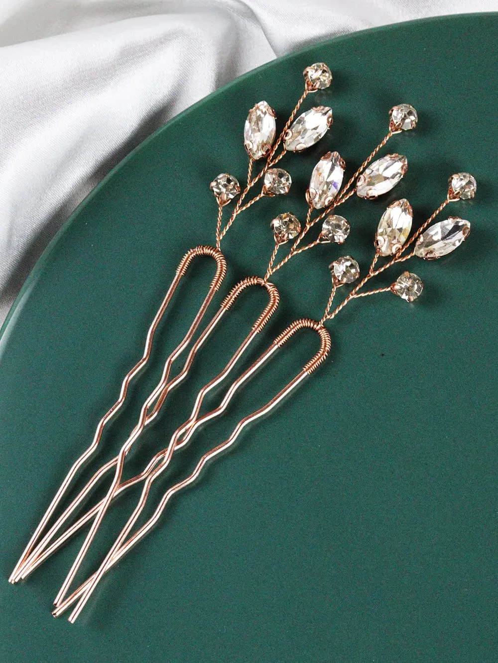Brihasory Wedding Hair Accessories for Women Bridesmaid Gifts Emerald Green Gold Hair Pins Bridal Hair Clip 3PCS Prom Hair Accessory for Girls (Rose Gold)