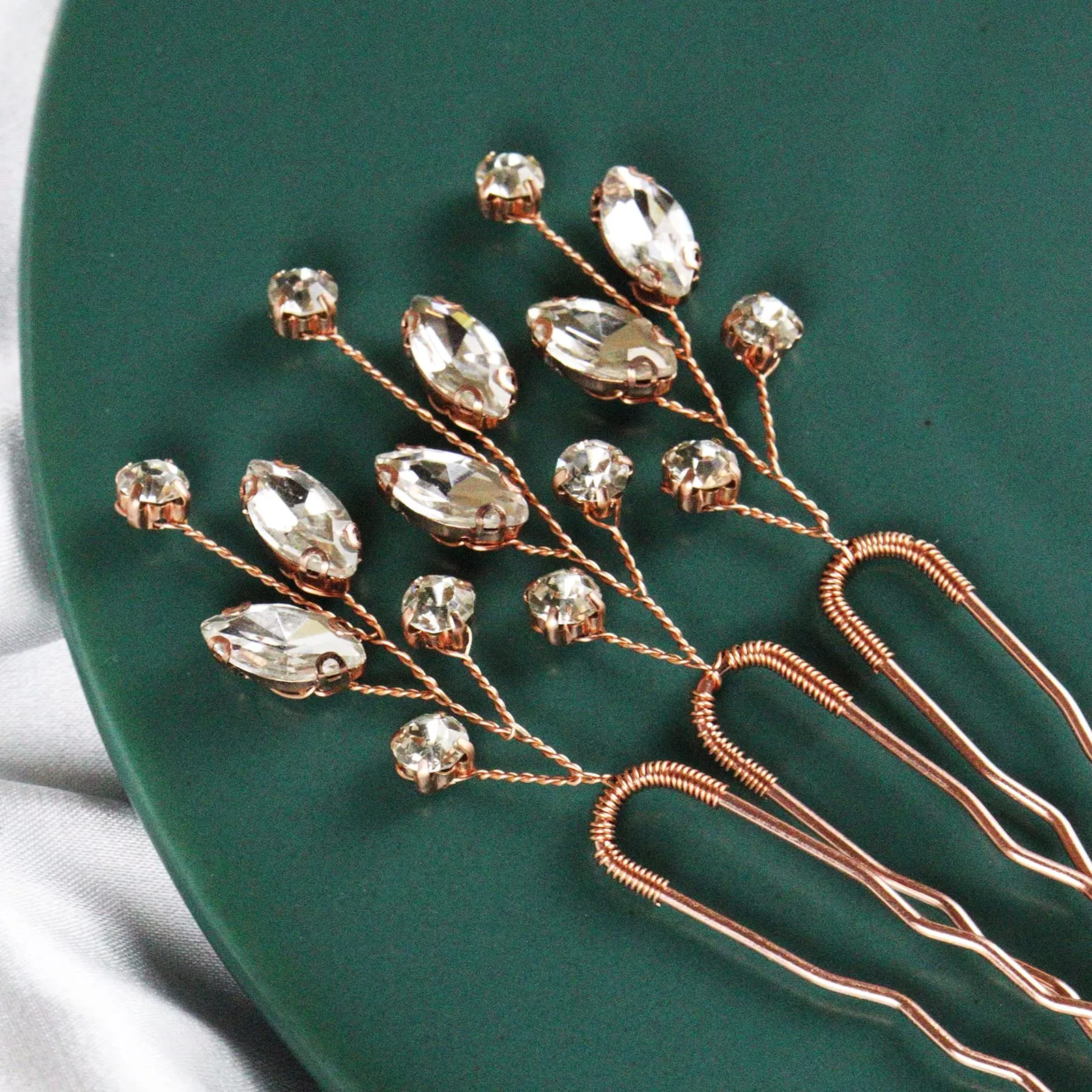 Brihasory Wedding Hair Accessories for Women Bridesmaid Gifts Emerald Green Gold Hair Pins Bridal Hair Clip 3PCS Prom Hair Accessory for Girls (Rose Gold)