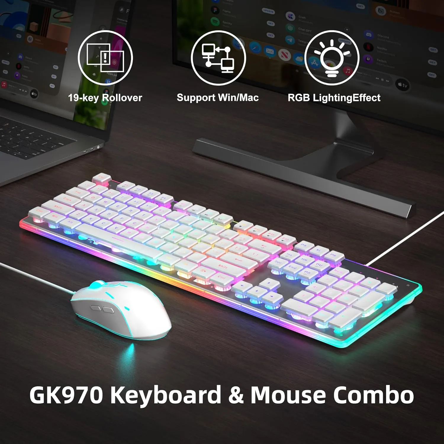 Camiysn Gaming Keyboard and Mouse, White 104 Keys RGB and 6 Speed RGB Mouse Combo, Pudding Keycaps Silent Computer Keyboard for Computer/PC/Laptop/Mac/Windows/Office