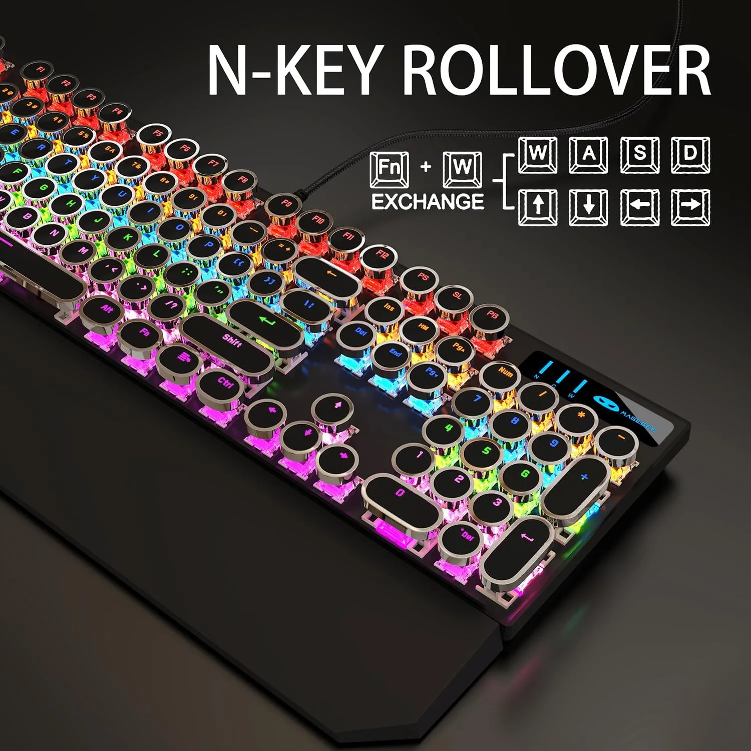 Camiysn Typewriter Style Mechanical Gaming Keyboard, Black Retro Punk Gaming Keyboard with RGB Backlit, 104 Keys Blue Switch Wired Cute Keyboard, Round Keycaps for Windows/Mac/PC