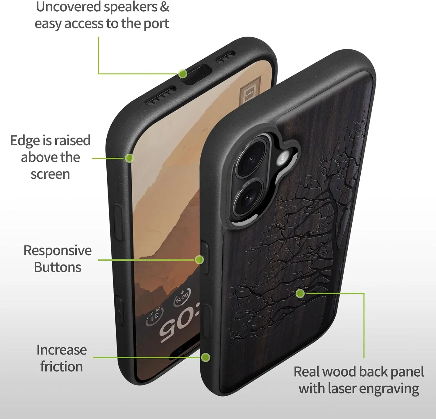 Carveit Magnetic Wooden Case for iPhone 16 Case, Wood Artisan Engraved & Black Soft TPU Shockproof Cover, Compatible with MagSafe Wireless Chargers (Eternal Tree) Blackwood