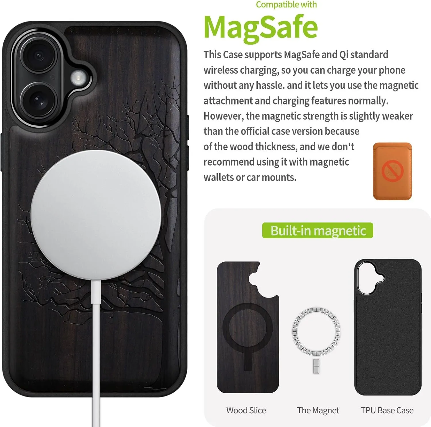 Carveit Magnetic Wooden Case for iPhone 16 Case, Wood Artisan Engraved & Black Soft TPU Shockproof Cover, Compatible with MagSafe Wireless Chargers (Eternal Tree) Blackwood