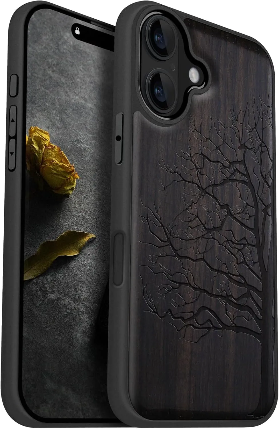 Carveit Magnetic Wooden Case for iPhone 16 Case, Wood Artisan Engraved & Black Soft TPU Shockproof Cover, Compatible with MagSafe Wireless Chargers (Eternal Tree) Blackwood