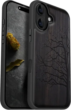Carveit Magnetic Wooden Case for iPhone 16 Case, Wood Artisan Engraved & Black Soft TPU Shockproof Cover, Compatible with MagSafe Wireless Chargers (Eternal Tree) Blackwood