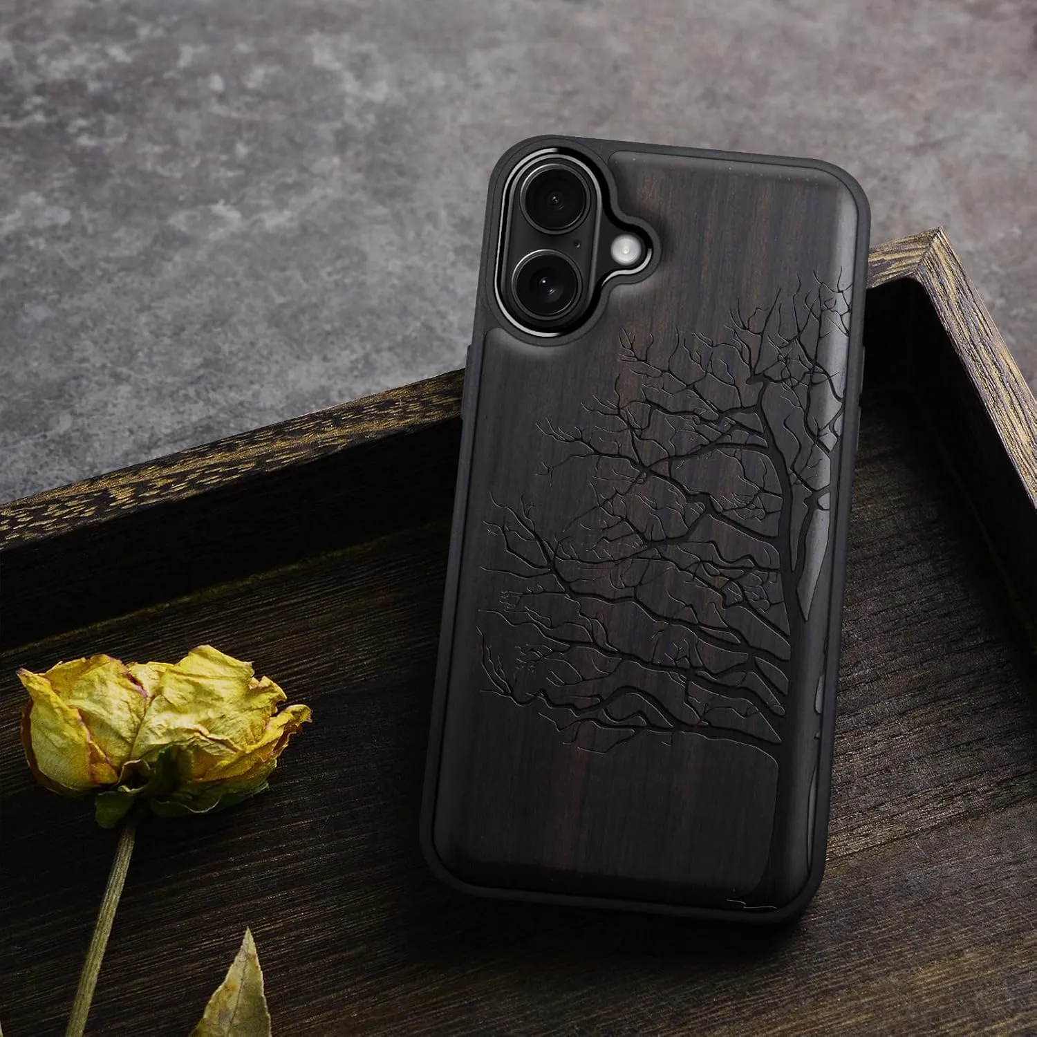 Carveit Magnetic Wooden Case for iPhone 16 Case, Wood Artisan Engraved & Black Soft TPU Shockproof Cover, Compatible with MagSafe Wireless Chargers (Eternal Tree) Blackwood