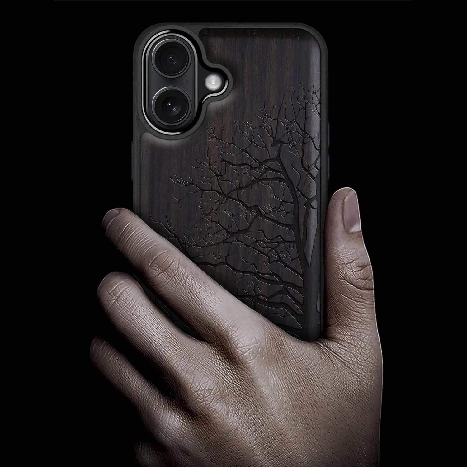 Carveit Magnetic Wooden Case for iPhone 16 Case, Wood Artisan Engraved & Black Soft TPU Shockproof Cover, Compatible with MagSafe Wireless Chargers (Eternal Tree) Blackwood